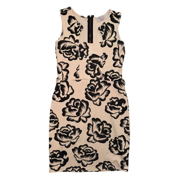 VTG Pippa Dee Womens Dress UK8 US 4 Beige Black Floral Bodycon Sleeveless Sheath - Picture 1 of 6